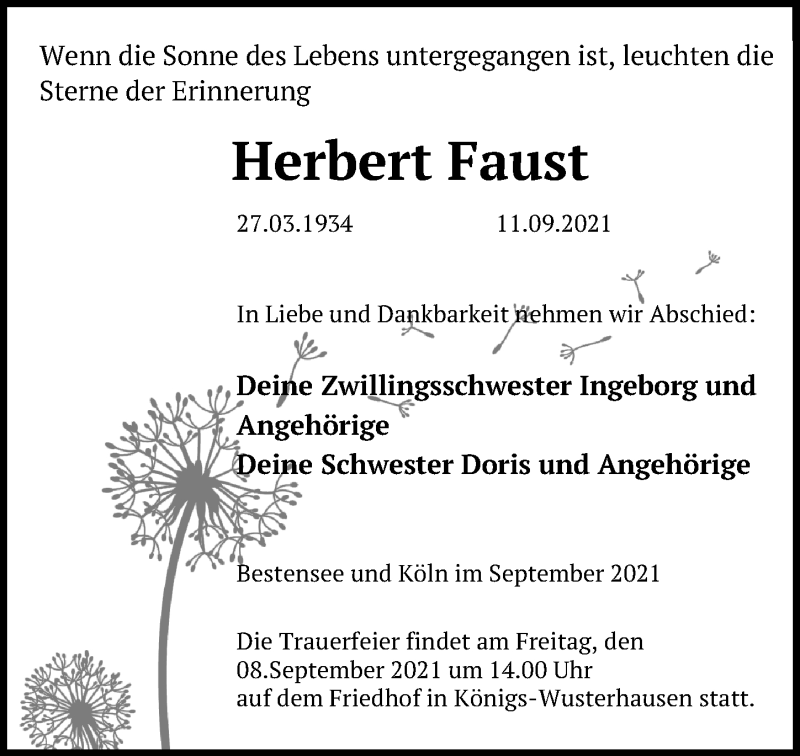  Traueranzeige für Herbert Faust vom 21.09.2021 aus Märkischen Allgemeine Zeitung