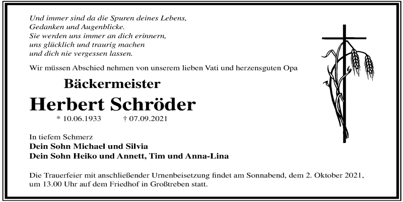  Traueranzeige für Herbert Schröder vom 11.09.2021 aus Torgauer Zeitung