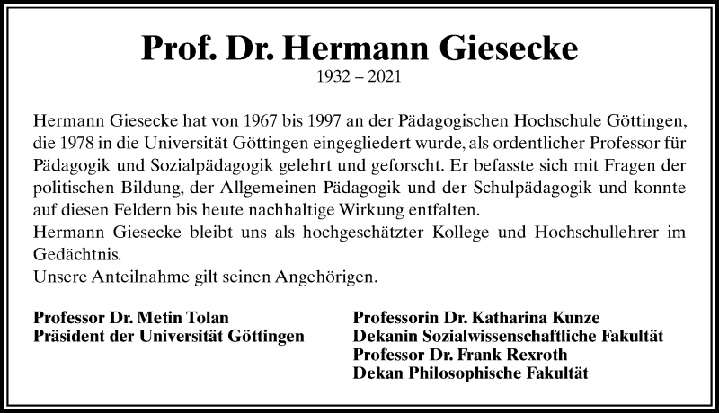  Traueranzeige für Hermann Giesecke vom 11.09.2021 aus Göttinger Tageblatt