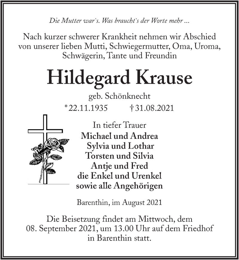  Traueranzeige für Hildegard Krause vom 04.09.2021 aus Märkischen Allgemeine Zeitung