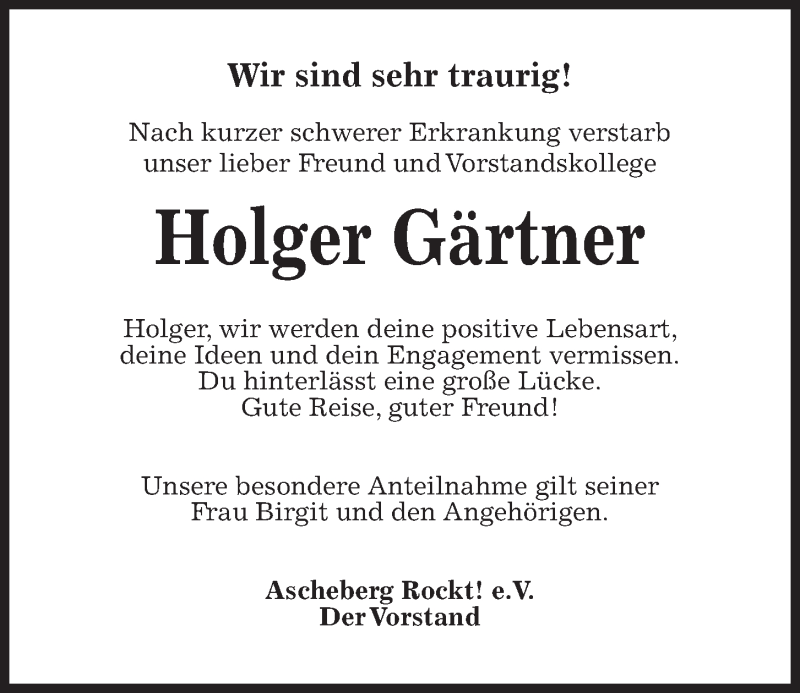  Traueranzeige für Holger Gärtner vom 04.09.2021 aus Kieler Nachrichten