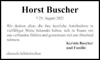Traueranzeige von Horst Buscher von Kieler Nachrichten