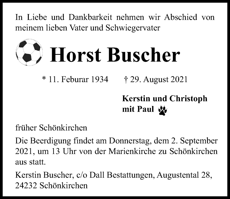  Traueranzeige für Horst Buscher vom 01.09.2021 aus Kieler Nachrichten