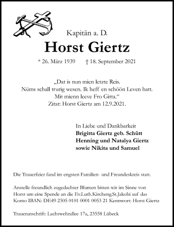 Traueranzeige von Horst Giertz von Lübecker Nachrichten