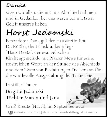 Traueranzeige von Horst Jedamski von Märkischen Allgemeine Zeitung