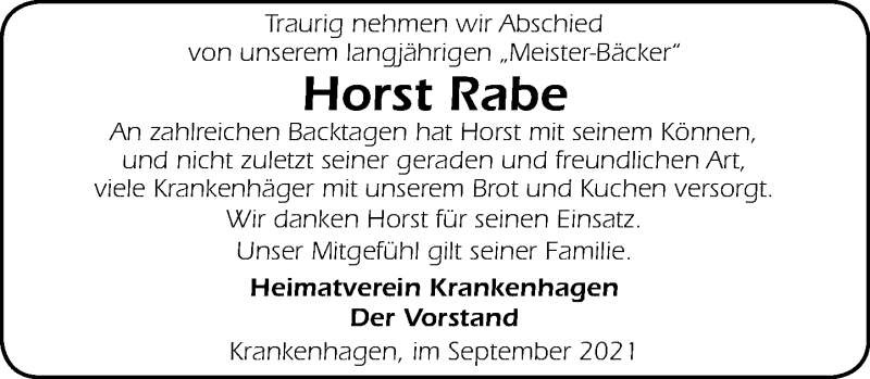  Traueranzeige für Horst Rabe vom 10.09.2021 aus Schaumburger Nachrichten