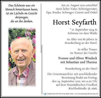Traueranzeige von Horst Seyfarth von Märkischen Allgemeine Zeitung