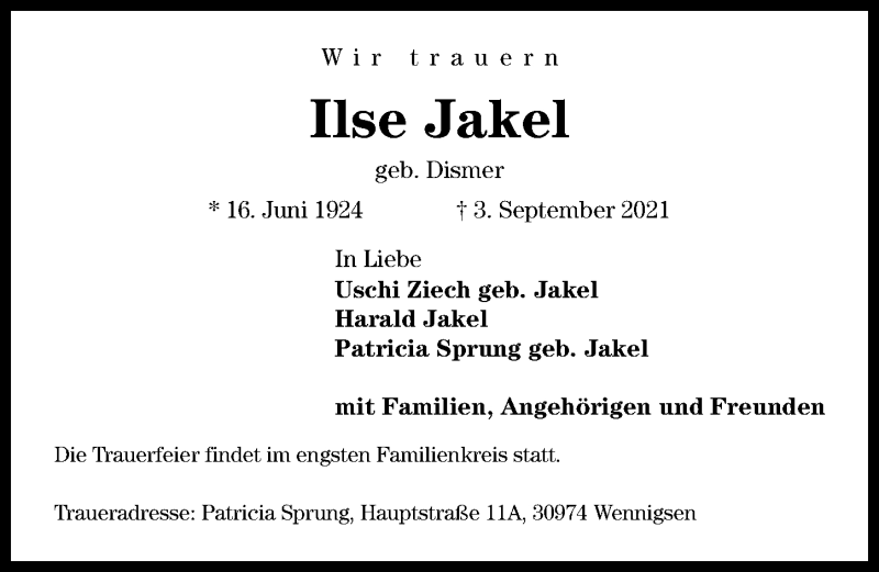 Traueranzeige für Ilse Jakel vom 11.09.2021 aus Hannoversche Allgemeine Zeitung/Neue Presse
