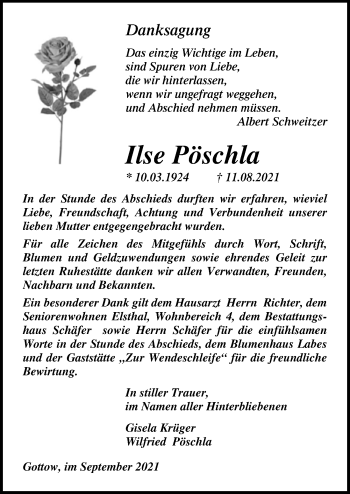 Traueranzeige von Ilse Pöschla von Märkischen Allgemeine Zeitung