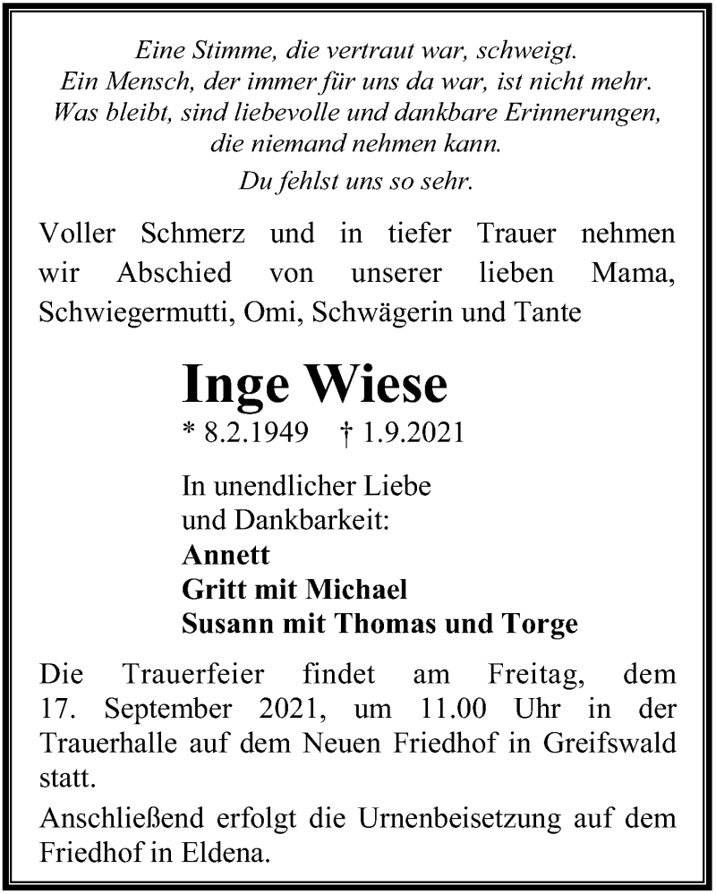  Traueranzeige für Inge Wiese vom 04.09.2021 aus Ostsee-Zeitung GmbH