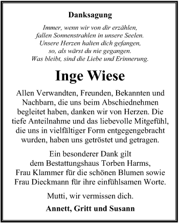 Traueranzeige von Inge Wiese von Ostsee-Zeitung GmbH