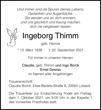 Traueranzeige von Ingeborg Thimm von Lübecker Nachrichten