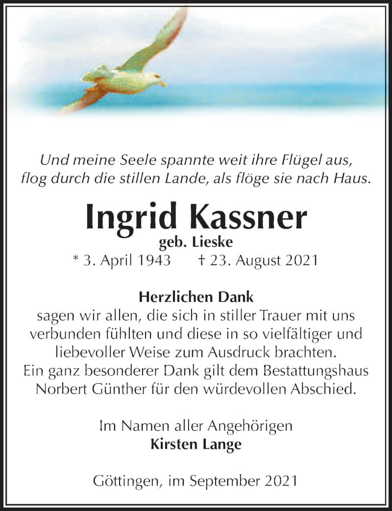  Traueranzeige für Ingrid Kassner vom 18.09.2021 aus Göttinger Tageblatt