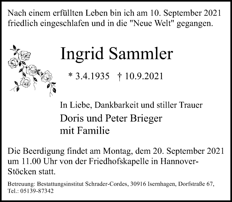 Traueranzeige für Ingrid Sammler vom 15.09.2021 aus Hannoversche Allgemeine Zeitung/Neue Presse