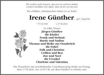 Traueranzeige von Irene Günther von Märkischen Allgemeine Zeitung