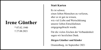 Traueranzeige von Irene Günther von Märkischen Allgemeine Zeitung