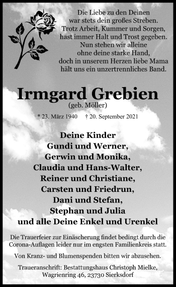 Traueranzeige von Irmgard Grebien von Lübecker Nachrichten