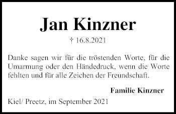 Traueranzeige von Jan Kinzner von Kieler Nachrichten