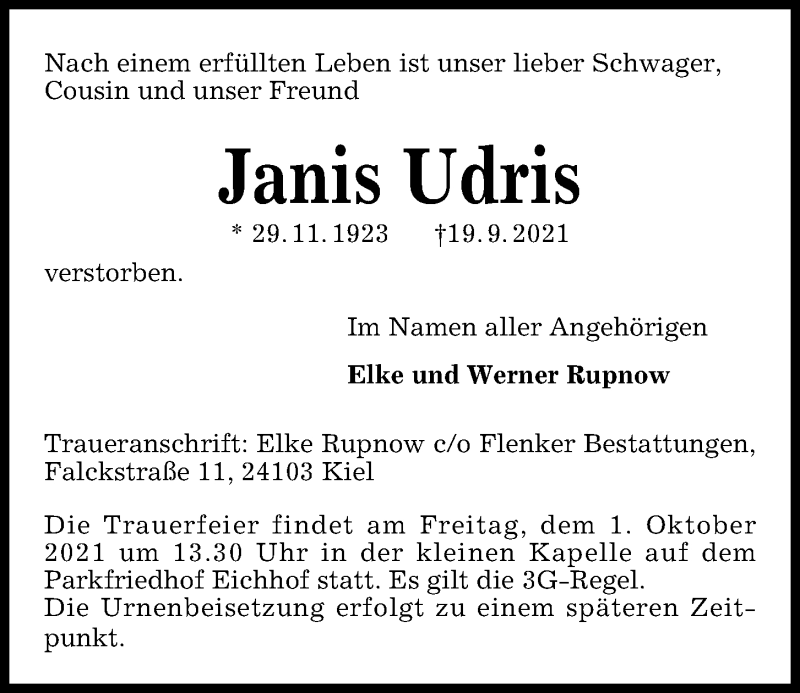  Traueranzeige für Janis Udris vom 25.09.2021 aus Kieler Nachrichten