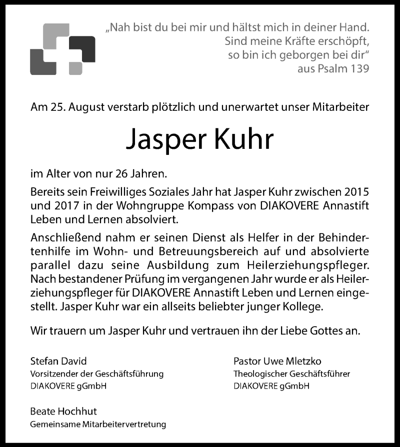  Traueranzeige für Jasper Kuhr vom 08.09.2021 aus Hannoversche Allgemeine Zeitung/Neue Presse