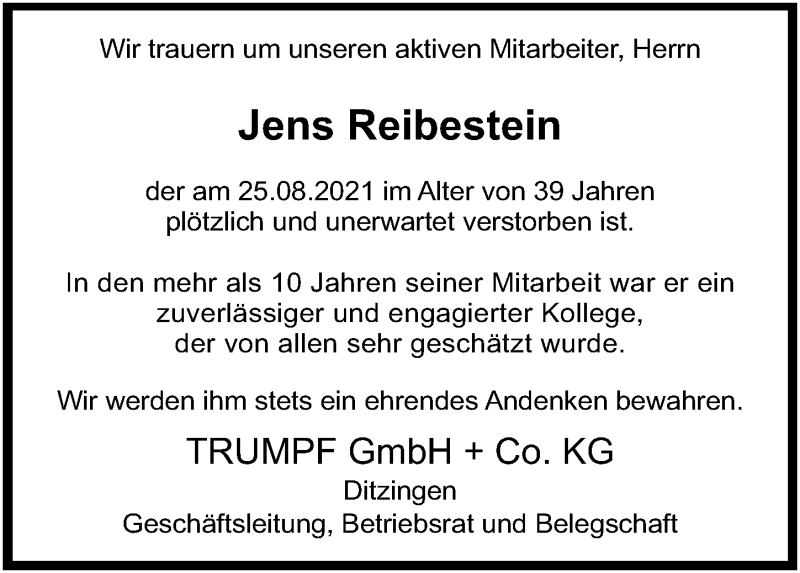  Traueranzeige für Jens Reibestein vom 08.09.2021 aus Torgauer Zeitung