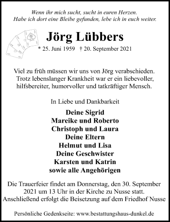 Traueranzeige von Jörg Lübbers von Lübecker Nachrichten