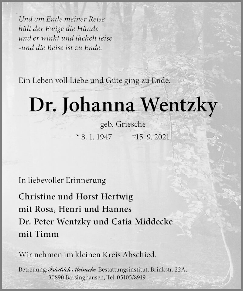  Traueranzeige für Johanna Wentzky vom 18.09.2021 aus Hannoversche Allgemeine Zeitung/Neue Presse