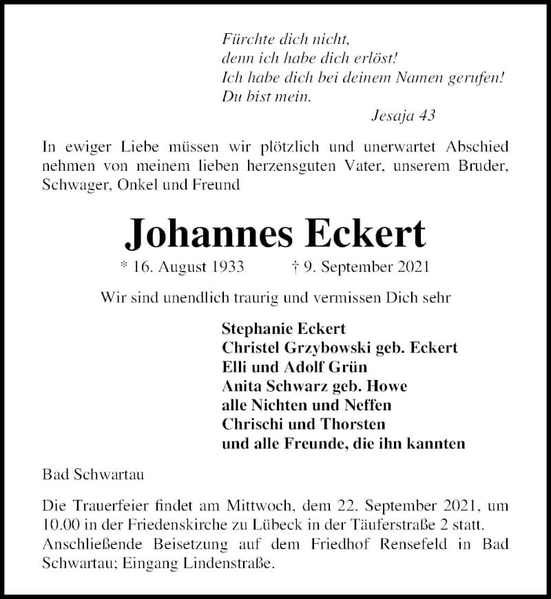  Traueranzeige für Johannes Eckert vom 19.09.2021 aus Lübecker Nachrichten