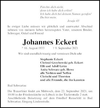 Traueranzeige von Johannes Eckert von Lübecker Nachrichten