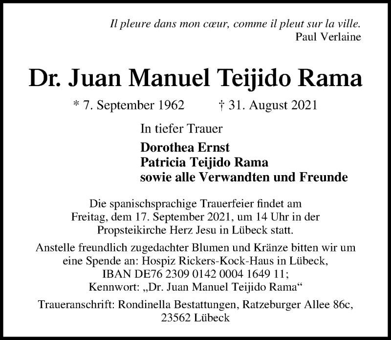  Traueranzeige für Juan Manuel Teijido Rama vom 12.09.2021 aus Lübecker Nachrichten