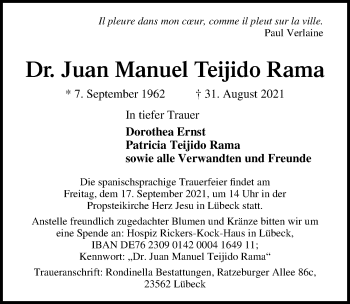Traueranzeige von Juan Manuel Teijido Rama von Lübecker Nachrichten