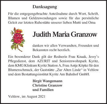 Traueranzeige von Judith Maria Granzow von Märkischen Allgemeine Zeitung