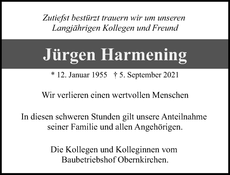  Traueranzeige für Jürgen Harmening vom 14.09.2021 aus Schaumburger Nachrichten