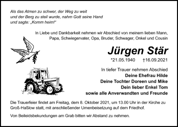 Traueranzeige von Jürgen Stär von Märkischen Allgemeine Zeitung