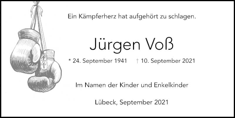  Traueranzeige für Jürgen Voß vom 19.09.2021 aus Lübecker Nachrichten