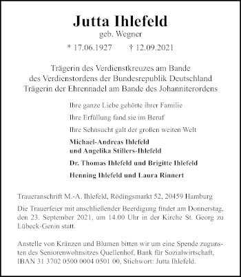 Traueranzeige von Jutta Ihlefeld von Lübecker Nachrichten