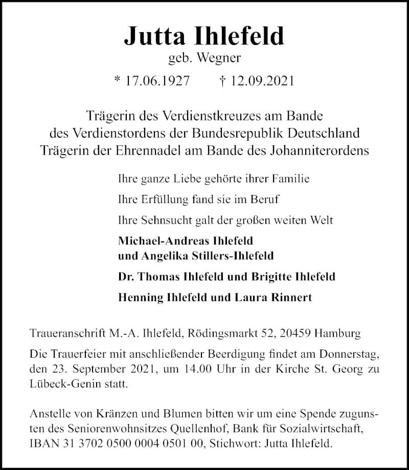  Traueranzeige für Jutta Ihlefeld vom 19.09.2021 aus Lübecker Nachrichten