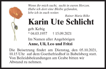 Traueranzeige von Karin Ute Schlicht von Märkischen Allgemeine Zeitung