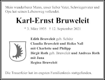 Traueranzeige von Karl-Ernst Bruweleit von Lübecker Nachrichten