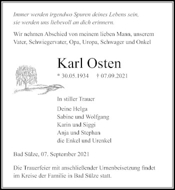 Traueranzeige von Karl Osten von Ostsee-Zeitung GmbH