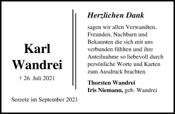 Traueranzeige von Karl Wandrei von Lübecker Nachrichten
