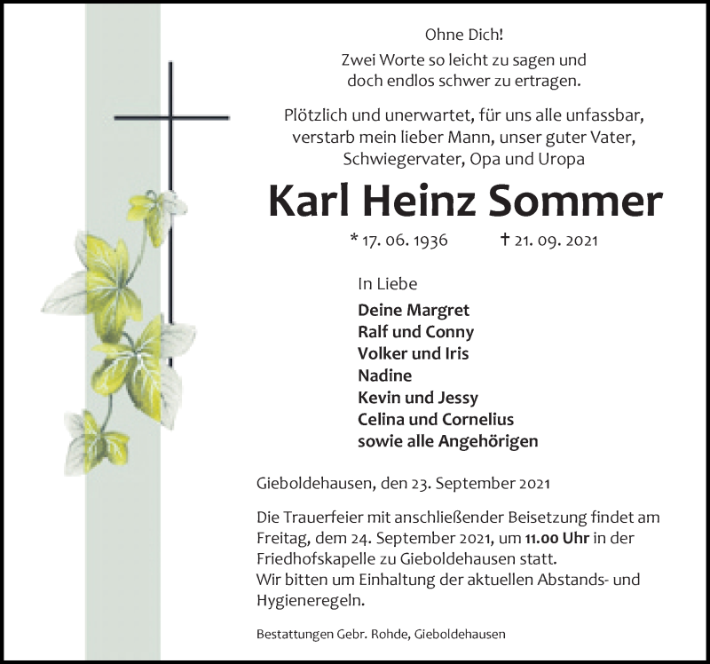  Traueranzeige für Karl Heinz Sommer vom 23.09.2021 aus Eichsfelder Tageblatt