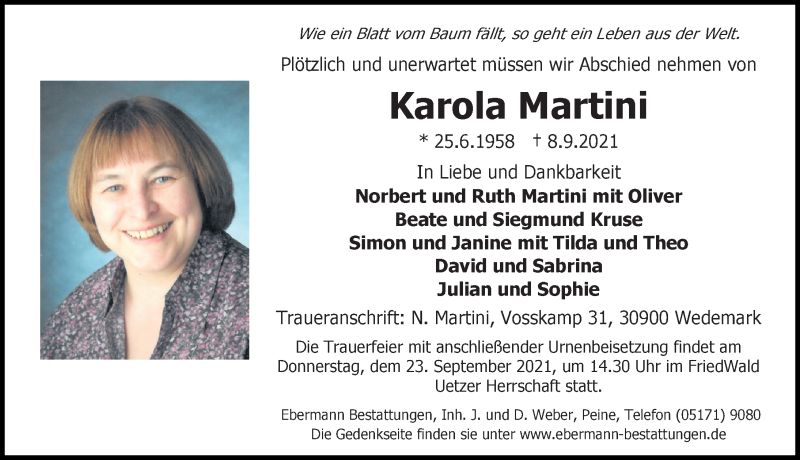  Traueranzeige für Karola Martini vom 11.09.2021 aus Peiner Allgemeine Zeitung