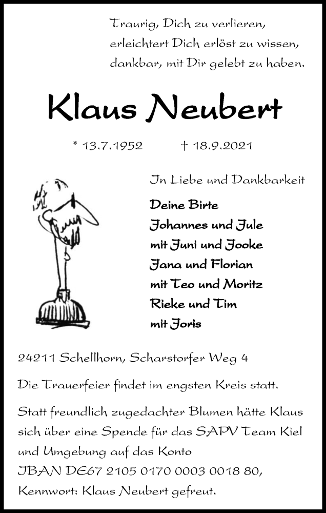  Traueranzeige für Klaus Neubert vom 25.09.2021 aus Kieler Nachrichten