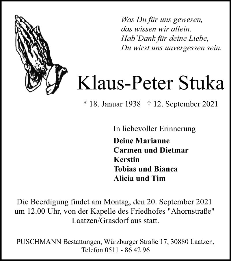  Traueranzeige für Klaus-Peter Stuka vom 15.09.2021 aus Hannoversche Allgemeine Zeitung/Neue Presse