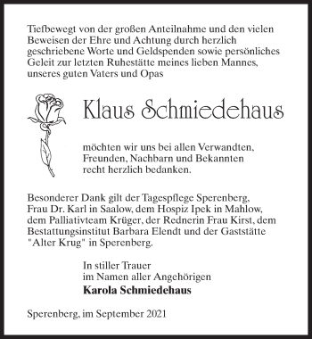 Traueranzeige von Klaus Schmiedehaus von Märkischen Allgemeine Zeitung