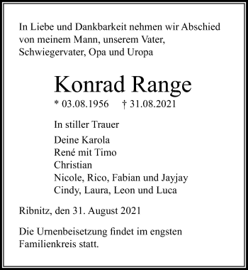 Traueranzeige von Konrad Range von Ostsee-Zeitung GmbH