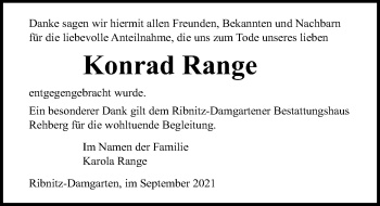 Traueranzeige von Konrad Range von Ostsee-Zeitung GmbH