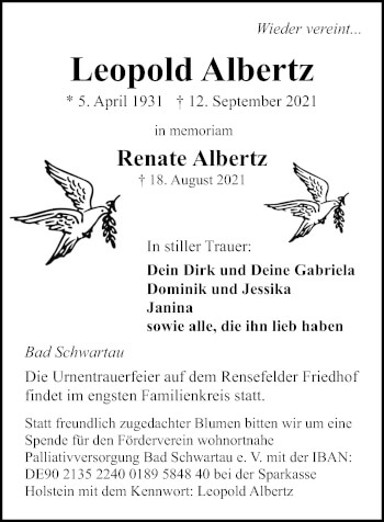 Traueranzeige von Leopold Albertz von Lübecker Nachrichten