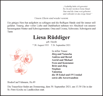 Traueranzeige von Liesa Rüddiger von Lübecker Nachrichten